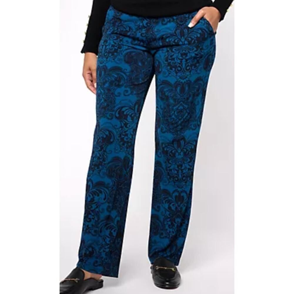 NWT Sz M Susan Graver Printed Liquid Knit Sofia Straight Pants Granite Blue QVC